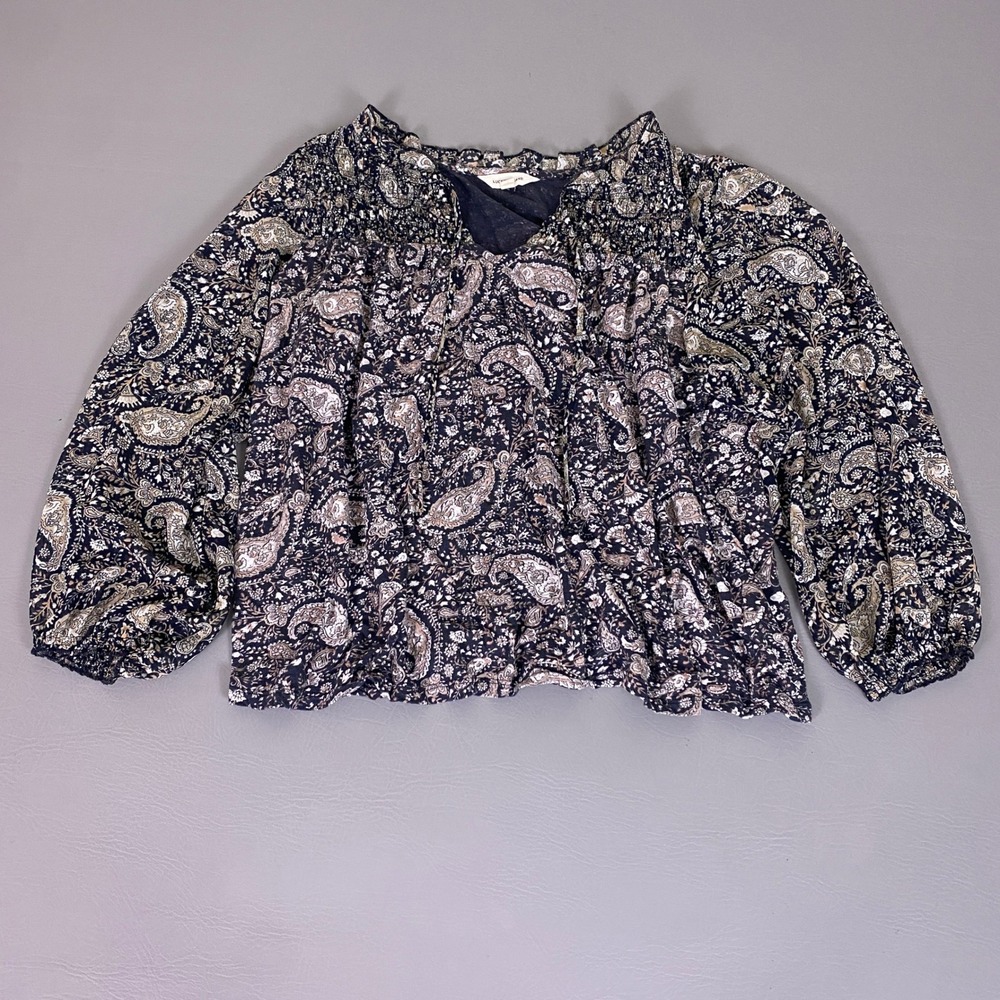 Lucky Brand Blouse Women's 1X Navy Blue Paisley Boho Smocked Peasant Long Sleeve